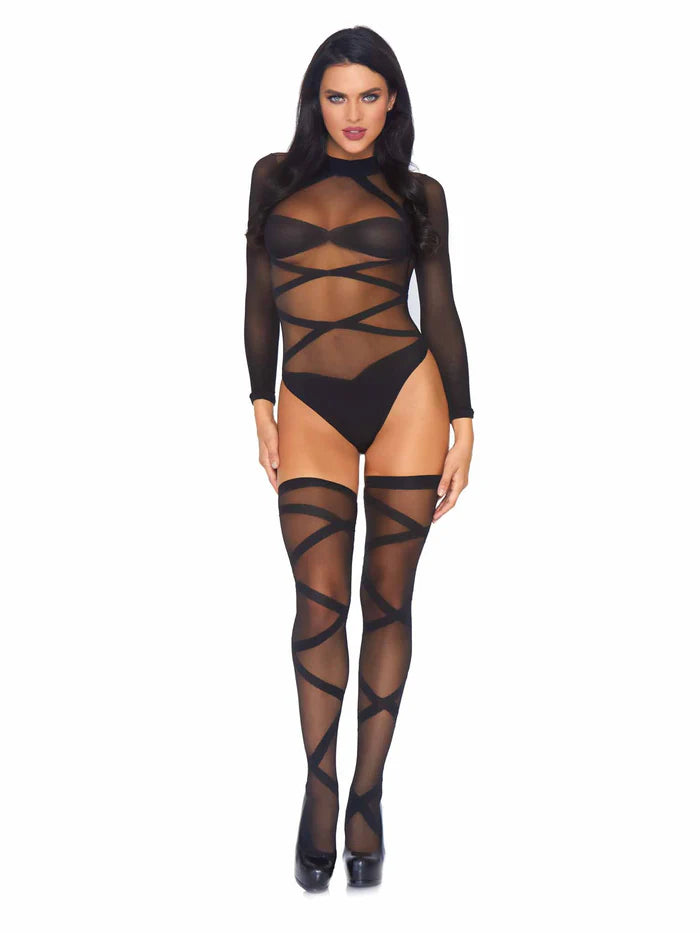 Sheer Criss Cross Long Sleeved Teddy and Matching Thigh Highs