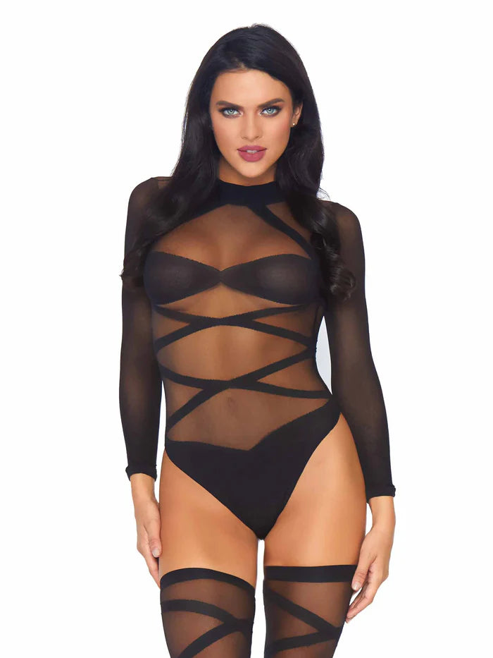 Sheer Criss Cross Long Sleeved Teddy and Matching Thigh Highs