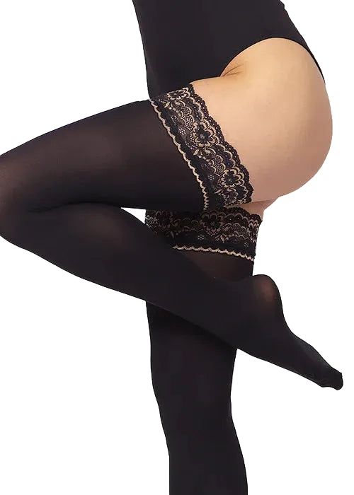 Black opaque lace top hold ups shown on a model against a white background.