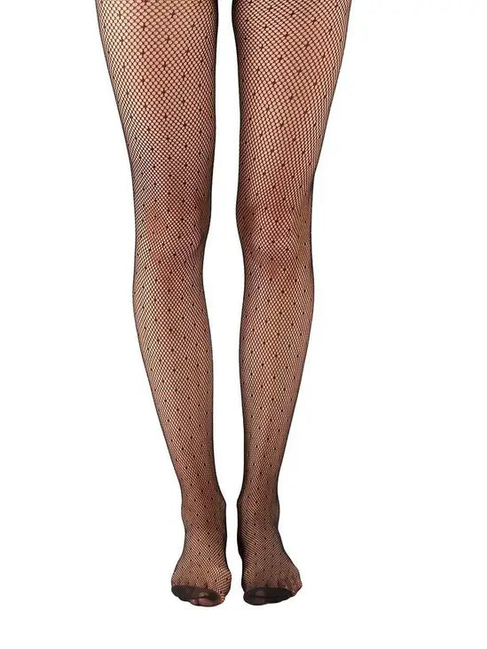 Spot net pattern tights worn by a person on a white background