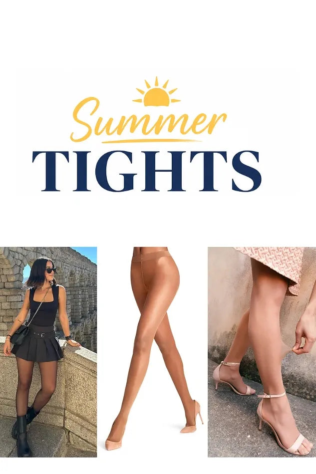 Promotional graphic for 'Summer Tights' featuring three inset photos of women wearing sheer black tights, nude tights, and beige tights, with a yellow sun icon and navy text on a white background.