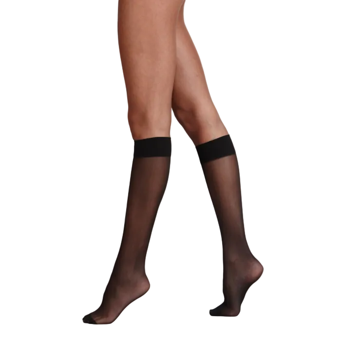 Black sheer knee highs worn by a person on a gray background