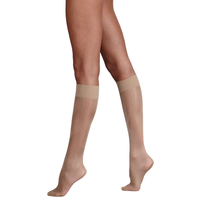 Nude sheer shiny knee highs worn by a person on a white background