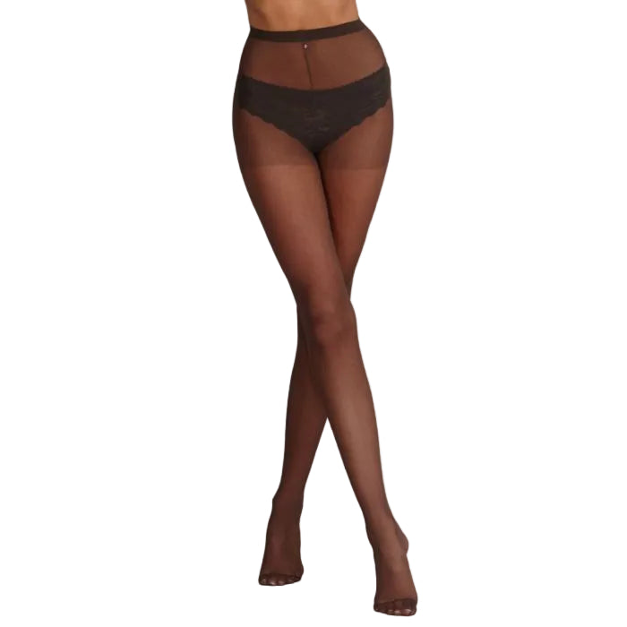 Black sheer tights worn by a model on a white background