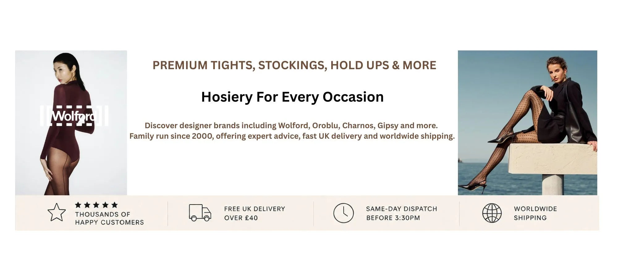 A promotional banner for Hosiery, featuring two models wearing black tights. The left model is shown from the back wearing a black wolford tights, and the right model is shown from the side sitting on a white block wearing a black patterned tights
