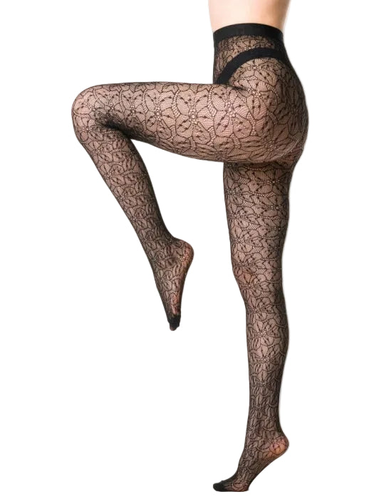 Black lace tights worn by a person on a white background