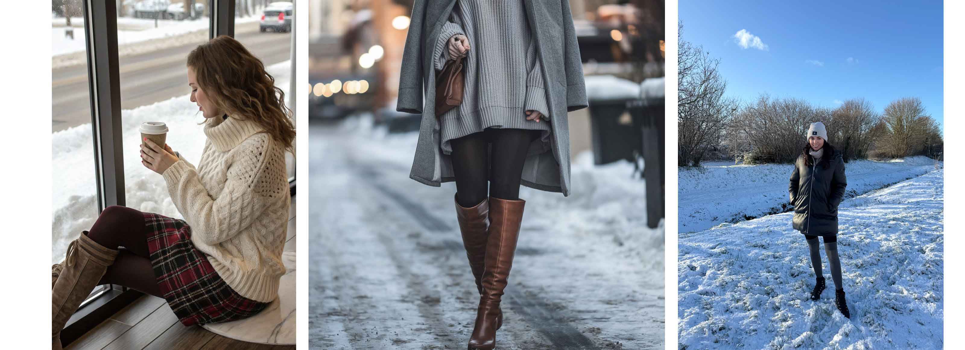 Three winter scenes: a woman sitting by a window with a hot drink wearing brown opaque tights, a person walking on a snowy street wearing leather boots and black tights, and a person standing in a snowy field. with opaque tights on.