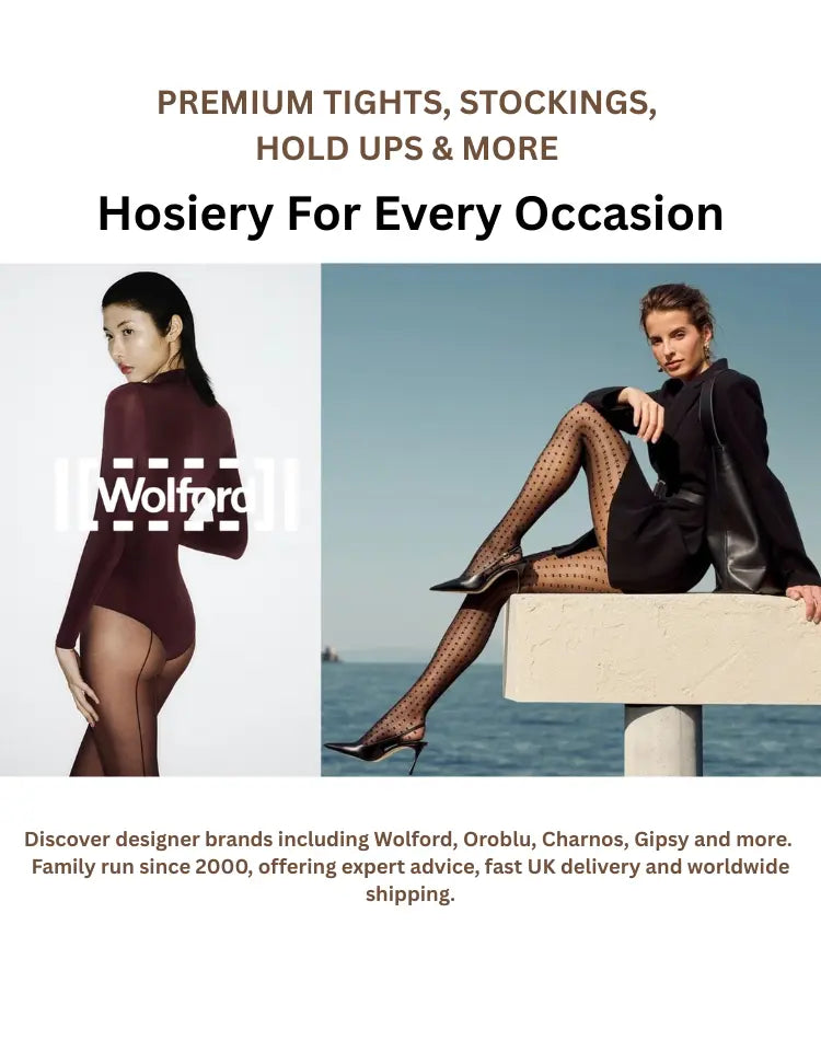 Promotional banner for hosiery featuring two models wearing sheer black tights. The left model wears a dark plum top with backseam tights while the right model wears black patterned tights